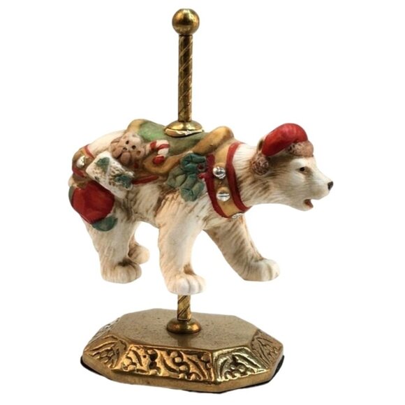 Polar Bear Carousel Christmas Figurine Ceramic Decor On Brass Base by R.O.C. - Picture 1 of 8